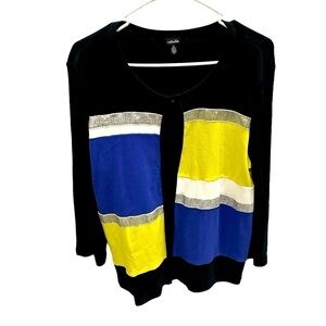 Rafaella Blue Yellow Black Sweater Cardigan Sequins Button Down Size Large